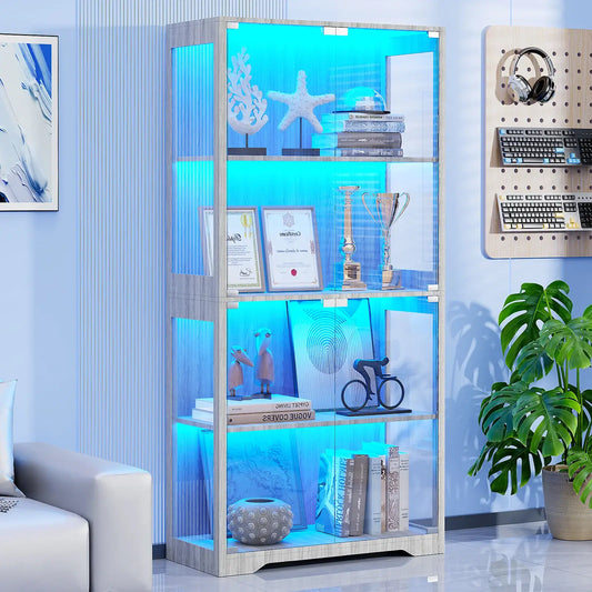BROTTAR® LED Glass Display Cabinet — 4-Shelf Curio Case - Grey