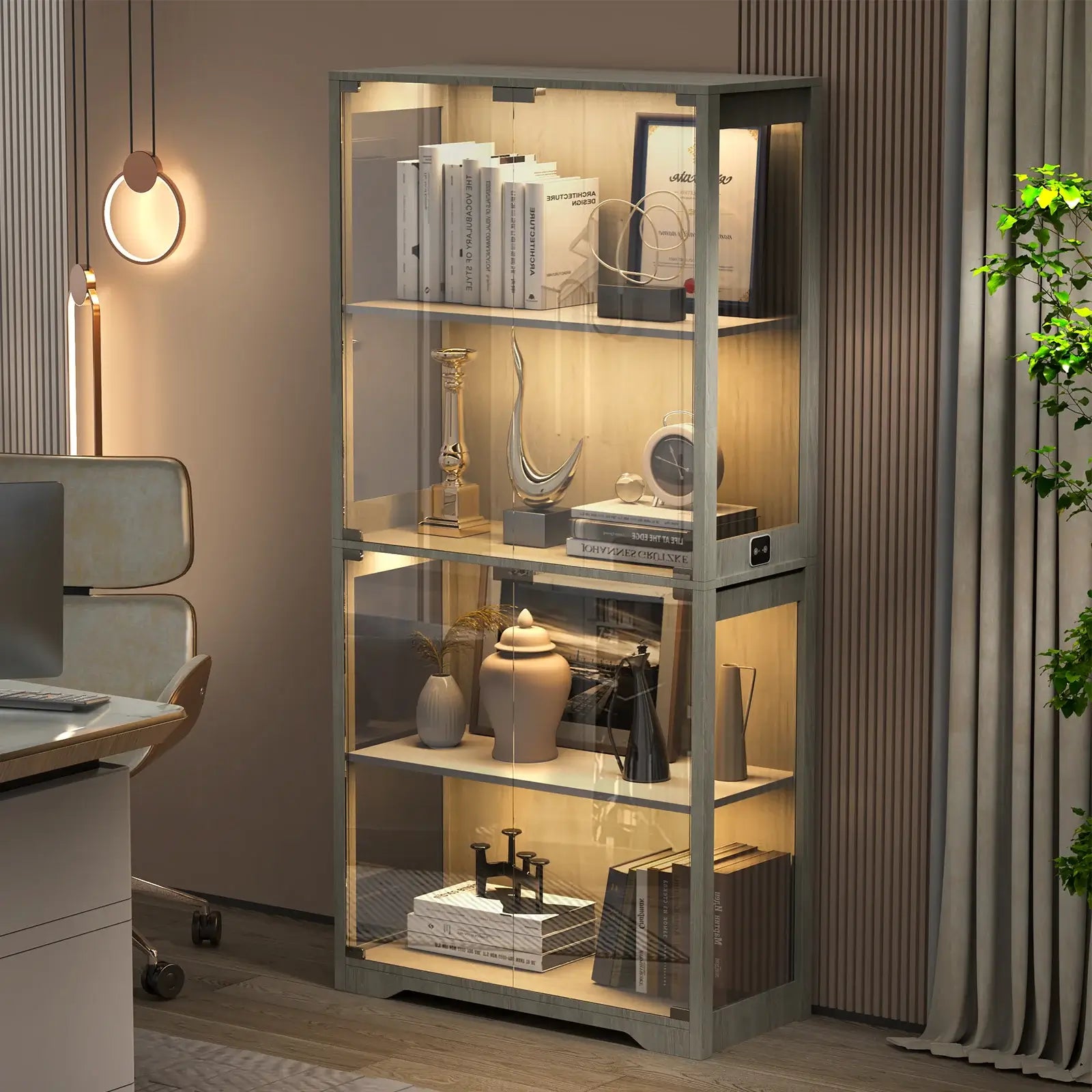 BROTTAR® LED Glass Display Cabinet — 4-Shelf Curio Case - Grey