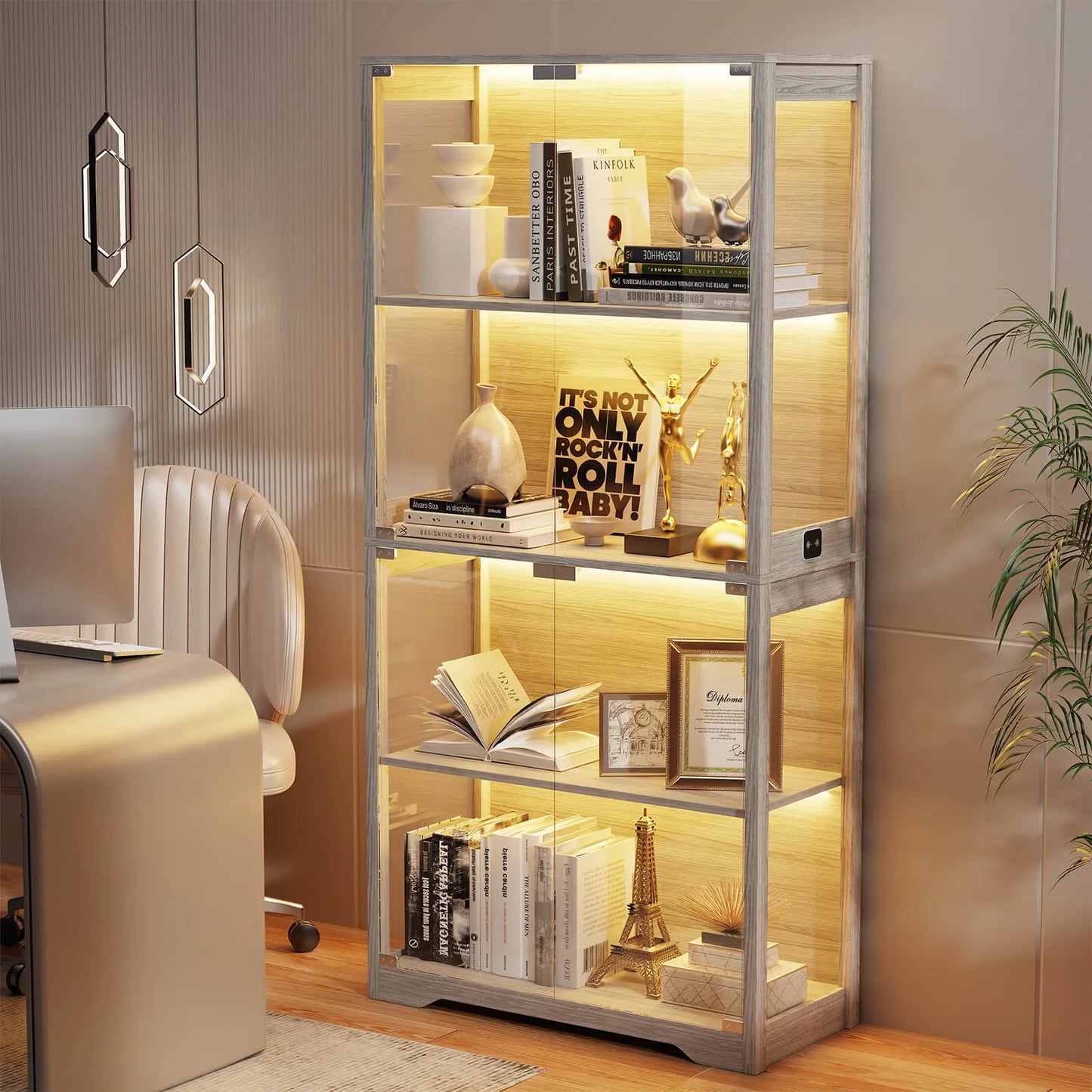 BROTTAR® LED Glass Display Cabinet — 4-Shelf Curio Case - Grey