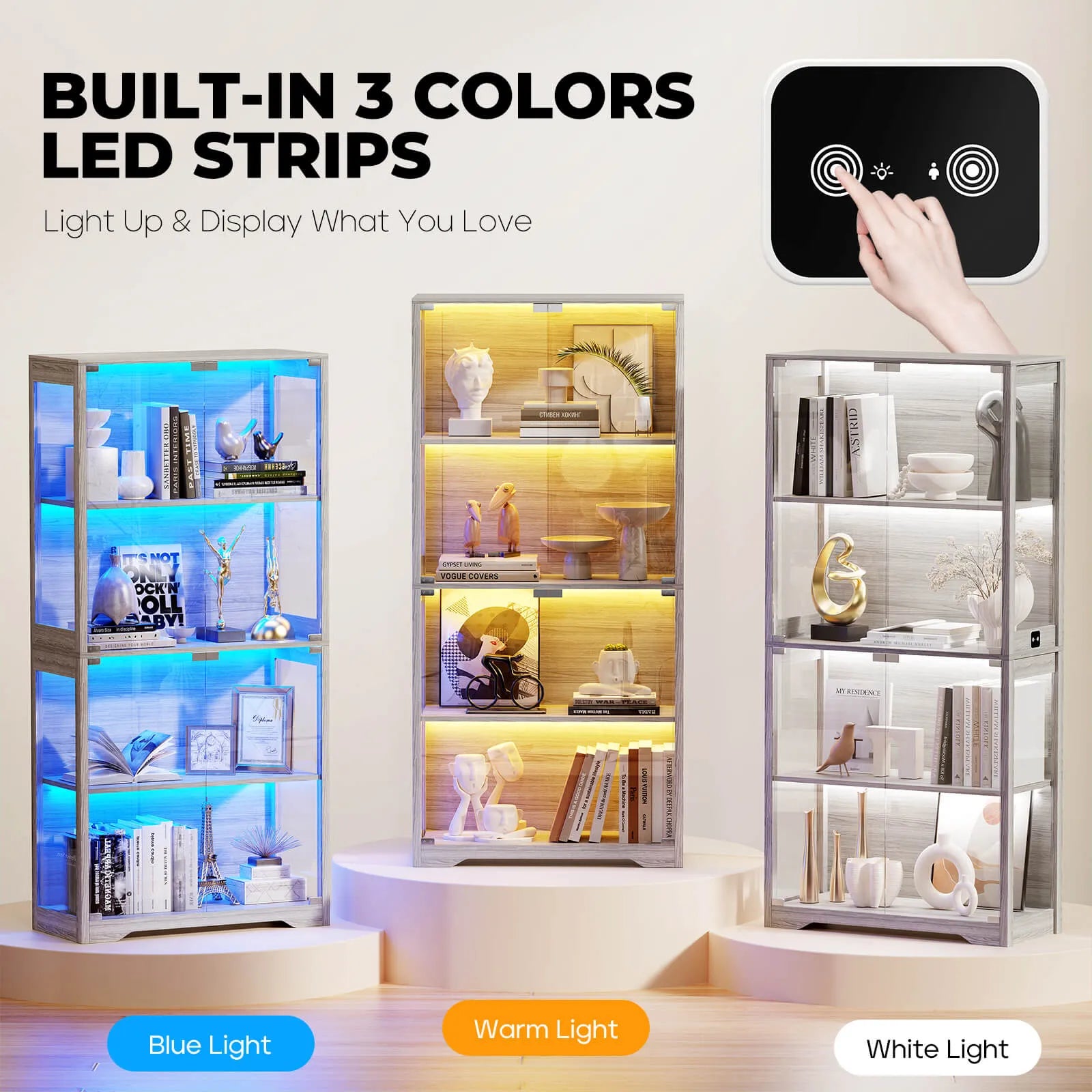 BROTTAR® LED Glass Display Cabinet — 4-Shelf Curio Case - Grey